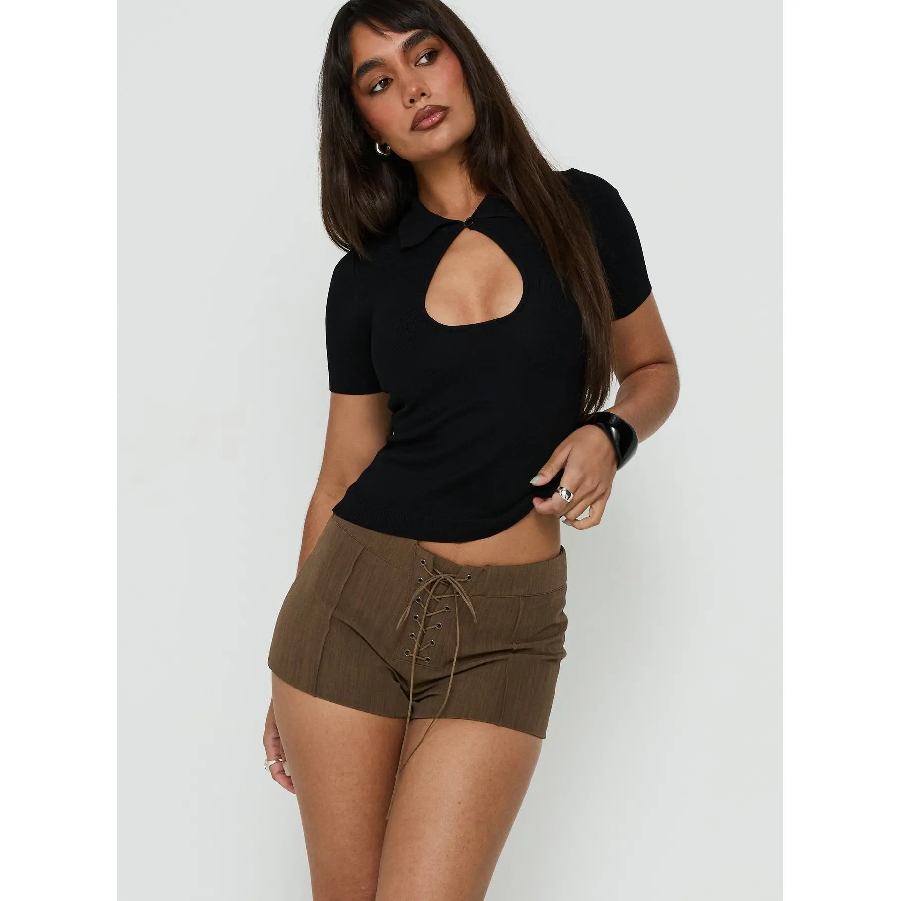 Sofii Tie Front Tailored Shorts Brown