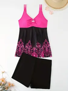 【Plus Size】All Over Print Tankini Set, Casual Sleeveless Swim Top & Swim Bottom Two-piece Swimsuit for Beach Holiday Vacation, Women's Swimwear for All Seasons, Bathing Suits, Tankini Swimsuits, Tankini Outfit, Tankinisuit, Floral Pattern Tankini