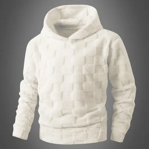 Men's Fitted Double-Sided Polyester Fleece Hoodie - Casual, Minimalist, Machine Washable Longsleeve Pullover with Plaid Details, Thick Comfortable Normal Type Easy-On Top for Autumn-Winter Daily Wear