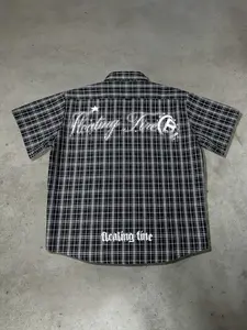 Viral Trendy Harley Fire Graphic Plaid Short-Sleeve Shirt - Oversized Button-Up Fit, Featuring Cursive "Harley Fire" & "Healing time" Back Print, Classic Black-White Plaid Pattern, Ideal For Daily Wear, Street Style Outings, Casual Hangouts & Trendy Socia