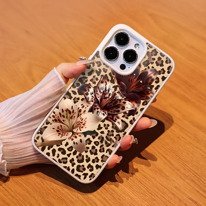 Leopard-Print Lilies Frosted Magnetic Acrylic Cellphone Casing - Lightweight, Wear-Resistant, Anti-Scratch, Customized Electronic Protection Cover with Comfortable Grip for iPhone 1-16E/Mini Series, Wireless & Fingerprint-Friendly Devices Accessory