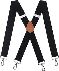Mens Suspenders with 4 Swivel Hooks Adjustable Heavy Duty Braces Black with Brown Leather Patch Unisex Versatile Use