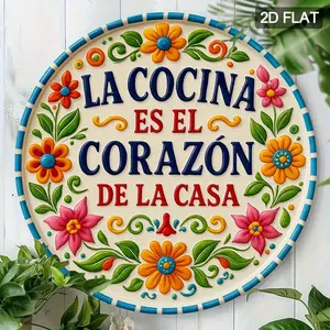Title: 7.9*7.9 in (20*20 cm) 2D Flat Metal Sign – Spanish Floral Round Wall Decor, "Kitchen Is the Heart of the Home" for Kitchen, Dining Room, Home