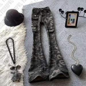 Y2K Metal Rock Jeans Vintage Women's Skinny Punk Pants High Street Cool Girl bell-bottoms Tide Camouflage Streetwear Trousers