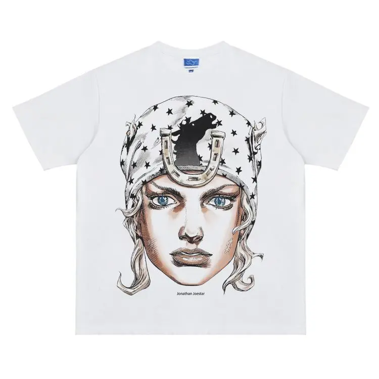 JoJo "Johnny Portrait" Vintage Oversized Tee Anime T-shirt 100% Cotton Original Design Men's Top for Fans Menswear Tshirt Streetwear Crewneck Tropical Shortsleeve Casual men gifts