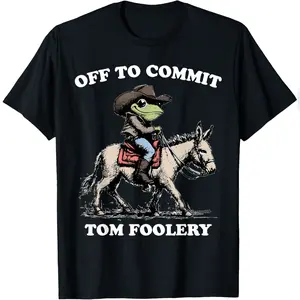 Menswear Short-Sleeve T-Shirt - Funny Frog Riding Donkey "Off To Commit Tom Foolery" Graphic, Essential Daily Top, Shortsleeve
