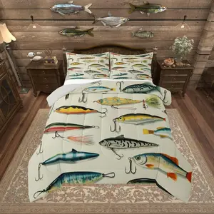 Big Pike Fish Bedding Set,Hunting and Fishing Comforter Set,Retro Vintage Marine Life Comforter