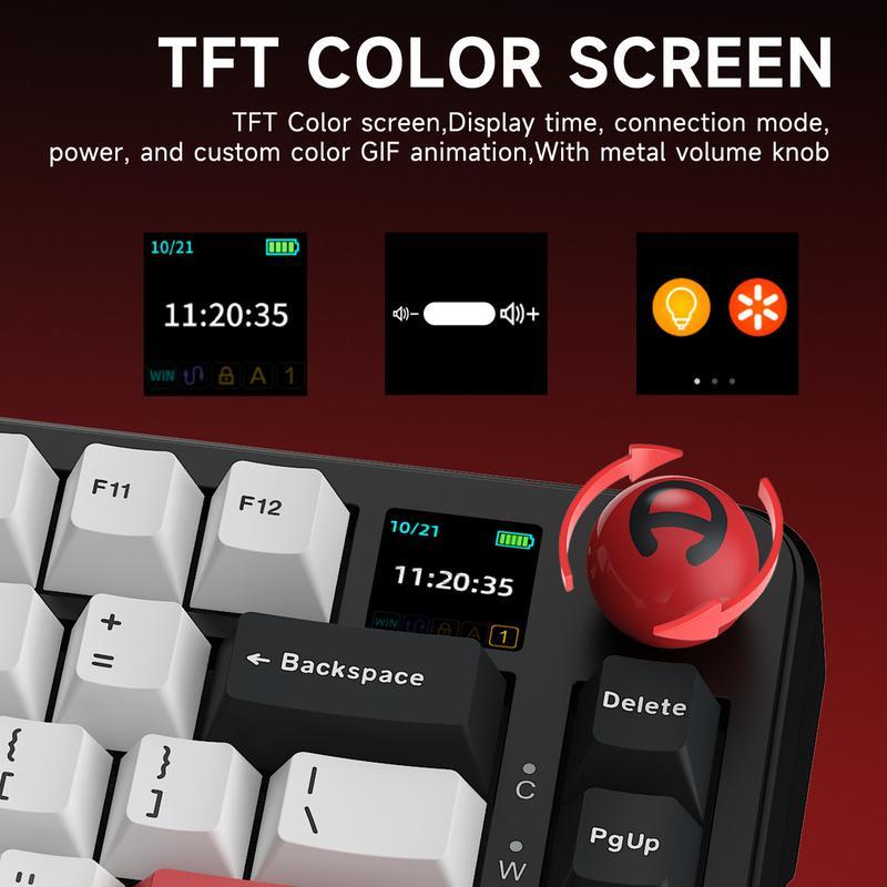 AJAZZ AK820 MAX PLUS Wireless Mechanical Keyboard with TFT Screen & Knobs Gasket Architecture 3-mode 75% Hot Swappable Gaming PC Mac Linux Compatible Avocado Stalk Gift Ideals (Black Shark Red) Hot-Swappable Gaming Keyboard keyboar green  switch  keyboard