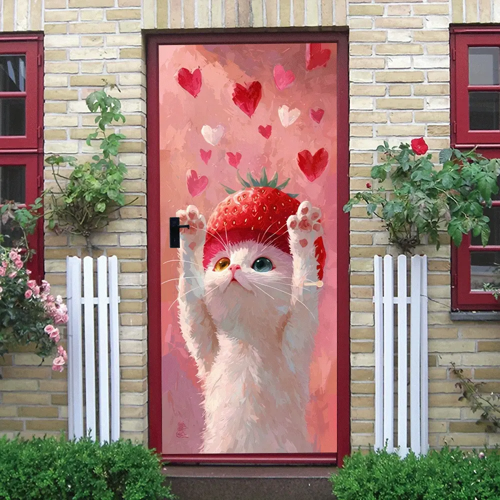 2pcs Strawberry Cat Heart Wall Stickers Kids Room Bedroom Decor Cartoon Cute Animal Decals Self Adhesive Removable PVC Eco Friendly Material Warm Romantic Home Decoration Living Room Wall Art Holiday