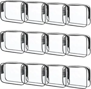 12 Pcs Clear Makeup Bag PVC Waterproof Zippered Clear Cosmetic Toiletry Makeup Carry Pouch for Women Men Vinyl Plastic Organizer Case for Vacation Bathroom (Small, Black)