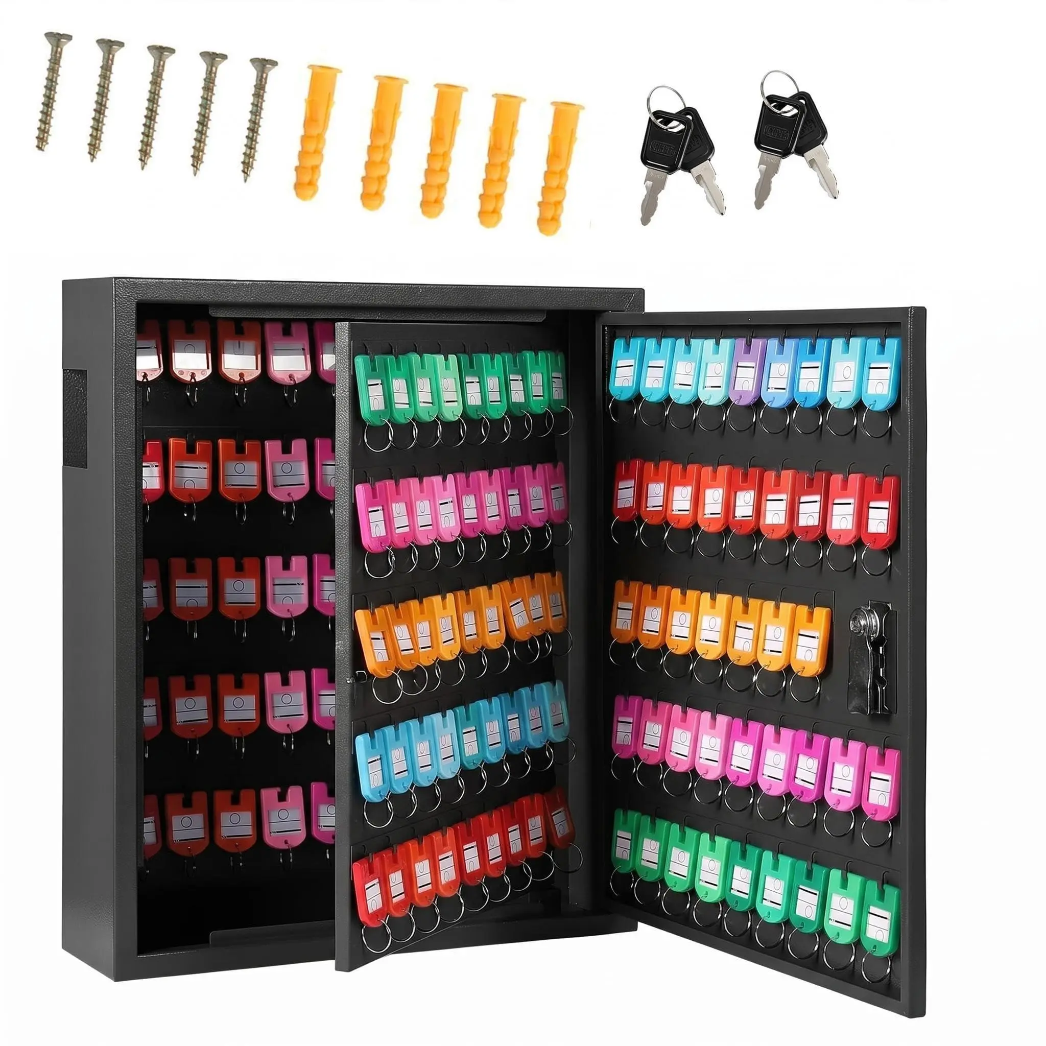 133 Key Cabinet Organizer Wall Mount, Heavy Duty Steel Key Lock Box with 133 Hooks and Colored Tags Secure Storage with 2 Keys for Car Dealership Real Estate Property Management, Black