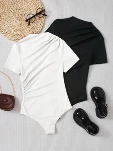 2 Pieces Girls' Solid Color Short Sleeve One-Piece, Casual Versatile Slim Fit, Soft Skin-Friendly, Fashionable Comfort, Daily Wear, Solid Color Bodysuit, Slim Fitting Bodysuit