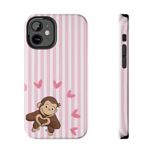 Cute Monkey Heart Pink Striped Phone Case for iPhone 17 16 15 14 13 12 Pro Max | Y2K Aesthetic Protective Tough Cover | Trendy Gift for Her Kawaii Case