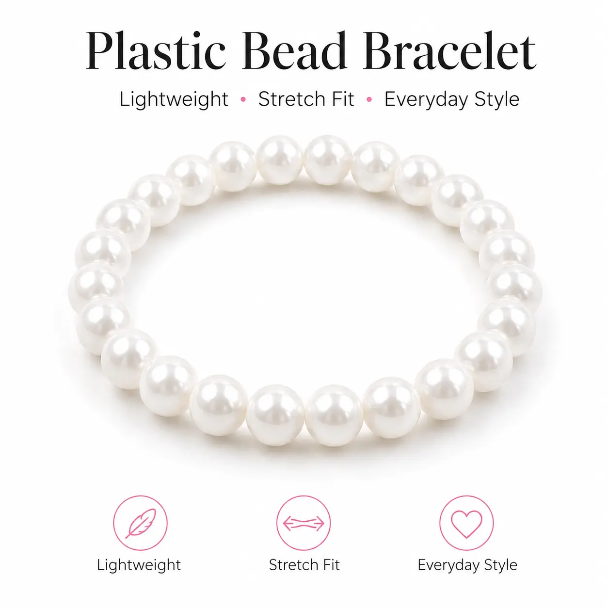 Glossy White Plastic Bead Bracelet for Women, Pearl-Look Stretch Bracelet, Lightweight Elastic Wrist Jewelry for Everyday Outfits, Parties and Gifts