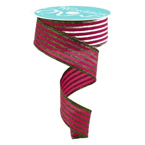 1.5" x 10yd Glitter Vertical Stripe Ribbon – Hot Pink & Lime Green