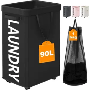 90L Rolling Laundry Basket with Wheels, 29 IN Hamper with Wheels and Removable Mesh Bag, Black Laundry Baskets on Wheels for Bedroom, Dorm, Clothes Hamper Organizer
