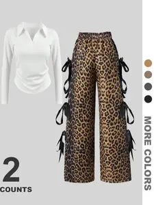 Vintage Leopard Print Loose Belted Set, Campus Youth Style, Collar & Waist Design, Long Sleeve, Fall & Winter, Casual School Wear, Outfit