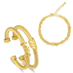 Aprilery Glam 3-Piece Bracelet Set – Twisted Bangle & Textured Link Chain, Eye-Catching Minimalist Style, Ideal for Date Nights/Party Looks, Must-Have Fashion Jewelry
