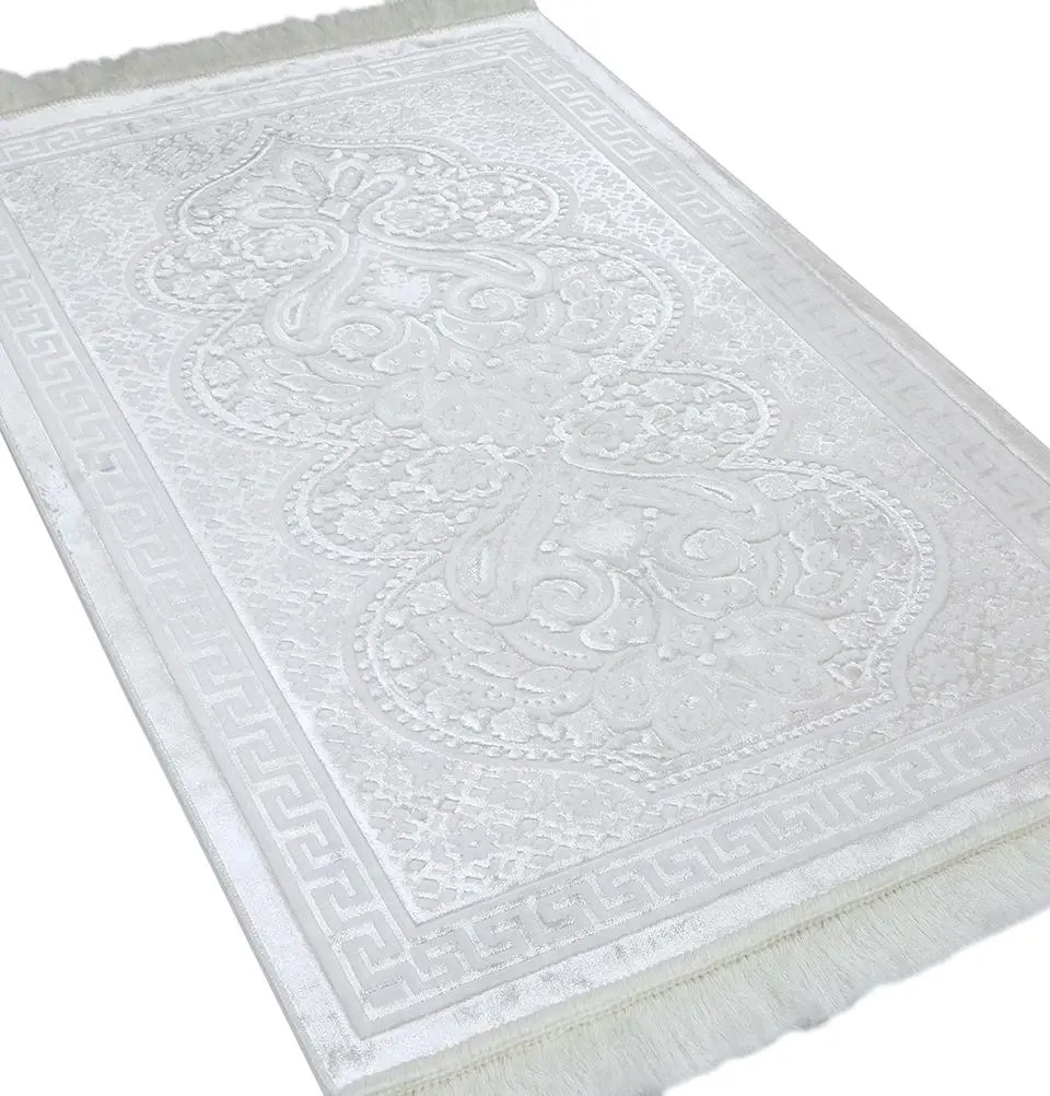Luxury Velvet Islamic Prayer Rug Paisley Vanilla Creme