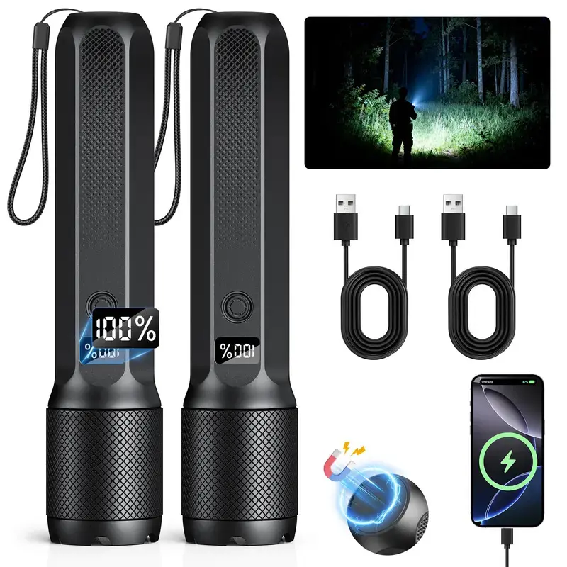 Upgraded LED Chip 2-in-1 Rechargeable Flashlight, High Lumen Zoomable Beam, LED Digital Power Display, 3 Light Modes Waterproof Pocket Flashlight for Camping Hiking Home Emergency