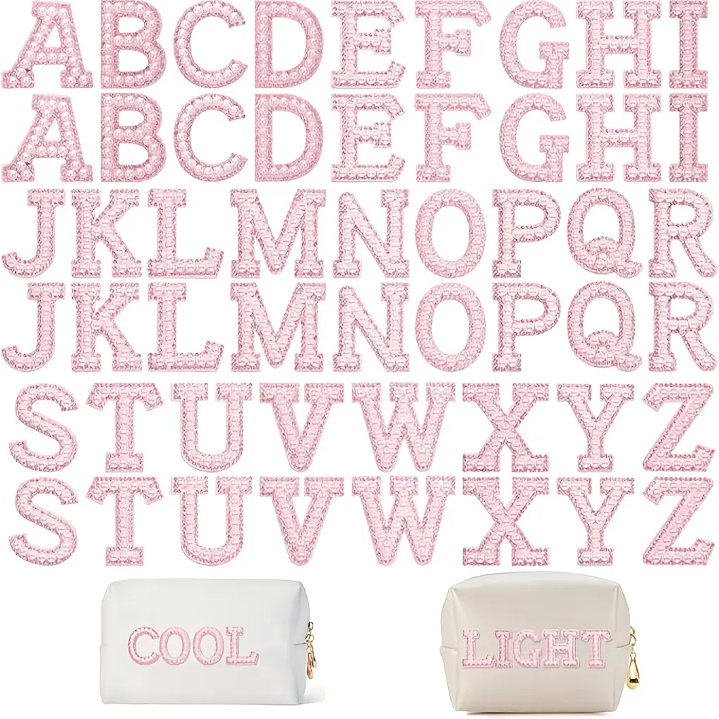 Pearl & Stone Iron-On Patches, 52-Piece Glitter A-Z Alphabet Letter Set for Customizing DIY Clothes & Bags