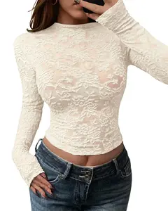 BTFBM Mesh Long Sleeve Tops for Women Lace Sexy Sheer Tight See Through Crew Neck Spring Fall 2026 Party Club Outfits