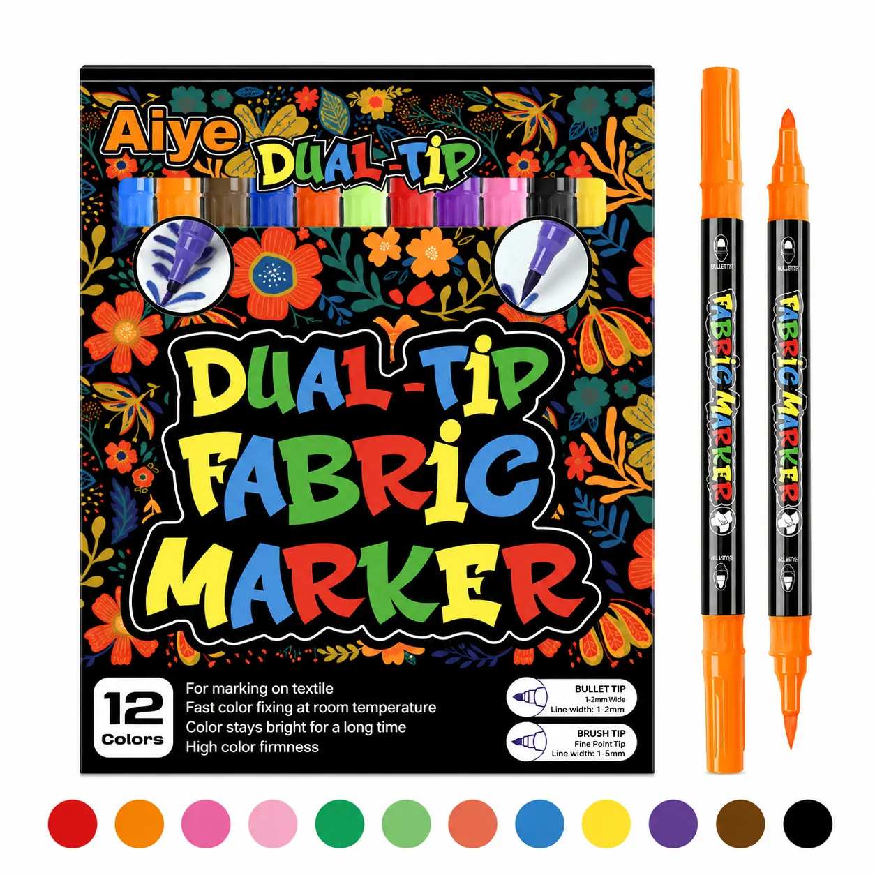 12-Color Fine Bullet Tip Permanent Fabric Marker Pens, Markers for Coloring, Bright Fade-Resistant Ink Office Stationery, Ideal for T-Shirts & Canvas Tote Bags, DIY Craft Art Supplies Gift Kit for Adults