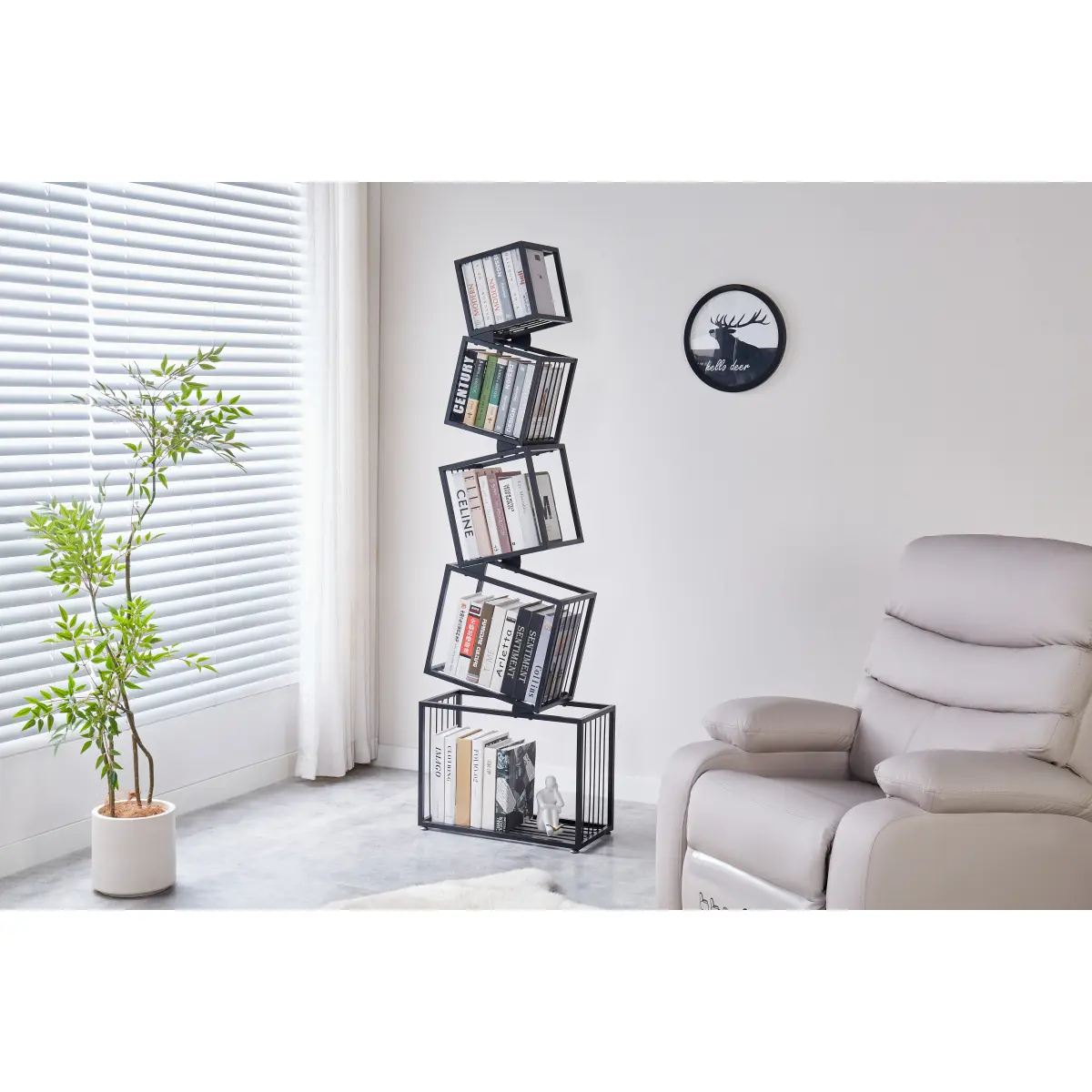 [Fahuac] 5-Tier Slanted Geometric Metal Iron Bookshelf - 72in Height Minimalist Office Furniture, 72x21.6x9.8in Space-Saving Unit with Anti-Tip Safe Kit, Magazine Rack, Supports Up to 110 lbs, Assembly Required for Living Room