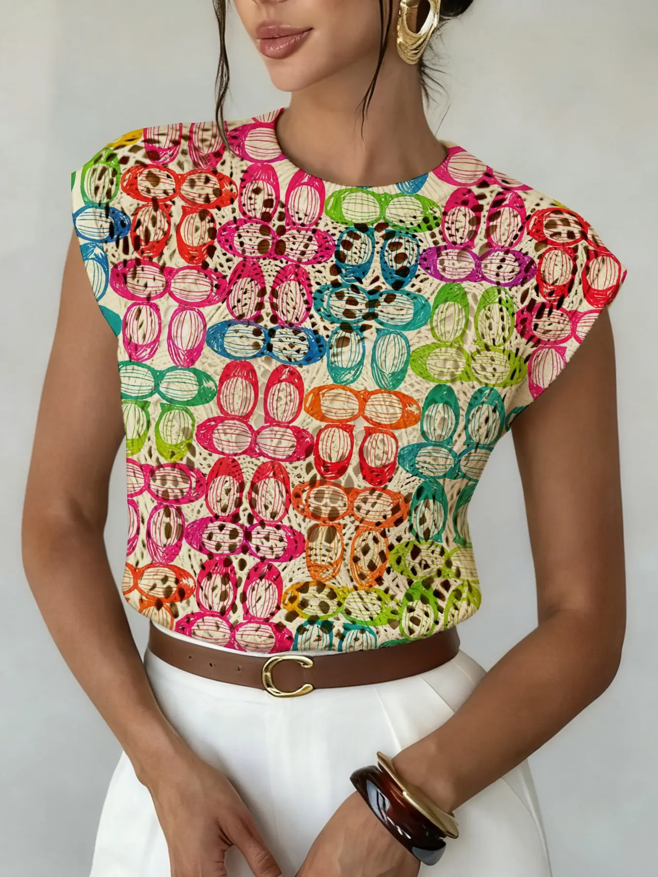 Geometric Pattern Colorblock Print Round Neck Sweater Top, Lady Casual Fitted Sleeveless Knitwear Sweater Pullover Style for Spring Summer Fall, Comfortable Warm Women's Clothing Womenswear