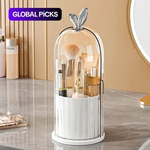 Makeup Brush Storage Box, 1 Count 360 Degree Rotatable Dustproof Makeup Brush Holder with Lid, Durable Plastic Organizers, Cosmetic Organizer for Bedroom Bathroom Salon Hotel, Beauty Supplies Organizer, Cosmetics Organizer Storage #GLOBAL PICKS