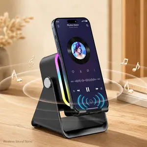 Wireless sensor audio speaker stand, 5-in-1 phone stand, 3500mAh rechargeable emergency power bank, 360° adjustable phone and tablet stand, with colored ambient light, suitable for both men and women.