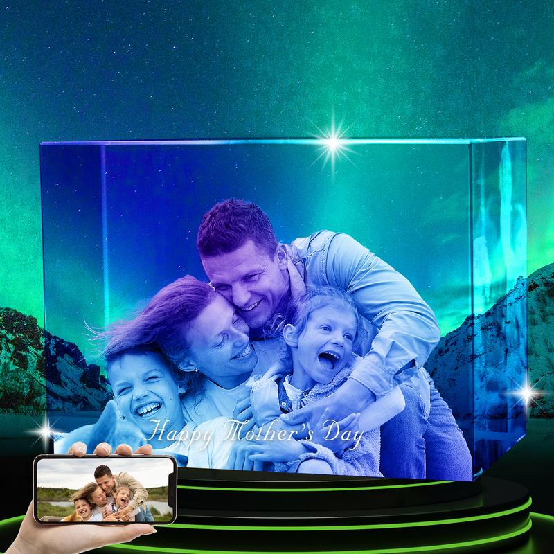3D Crystal Photo Frame - Personalized Birthday, Wedding, Pet, Memorial, Mother's Day, Father's Day, Valentine's Day, Anniversary Gift with Free Multicolor Light Base