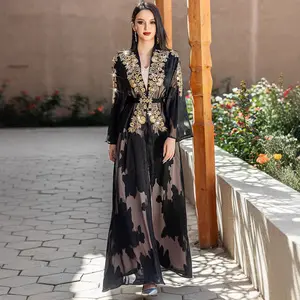 2025 new model - black and gold lace embroidered two-piece set with belt and long flowing dress abaya long drees kaftan
