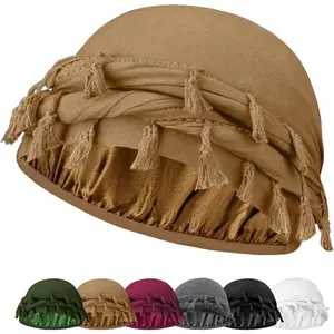 Adjustable Satin Lined Halo Turban for Men Women Twisted Tassel Head Wraps Sleep Cap Beanies Turban Durag`