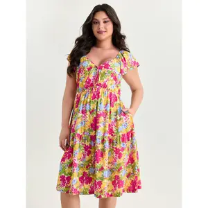 BLOOMCHIC Plus Size Large Floral Print Drawstring Bodice Midi Dress [M-6X]2026 Summer Vibes Swimweek