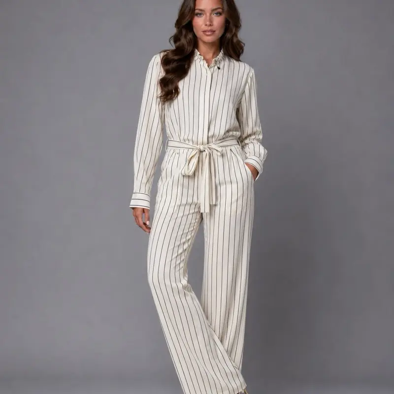 Stripe 2-Piece Set, Casual Shirt and Bottoms for Daily Wear