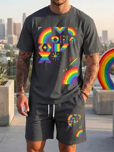 Los Angeles Men’s Pixel Rainbow Collage 2-Piece Outfit, Micro-Elastic Polyester, Vibrant Retro Print Tee & Shorts, Casual Edgy Style, Great for LA Soccer Events & Street Style, Viral Summer Set