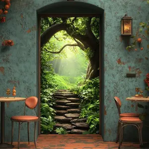 1PC,2D Flat Enchanted Forest Stone Path Door Banner, Festival Decor Curtain, Magical Tree Vine Arch Greenery Door Sticker, Home Party Scene Decoration, Creative Hanging Cloth for Bedroom & Living