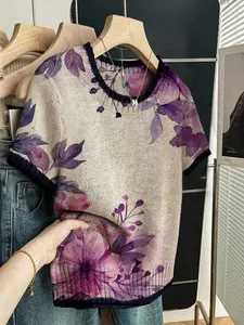 Floral Print Round Neck Sweater, Casual Short Sleeve Knitwear for Spring Summer Fall, Comfortable Warm Women's Clothing