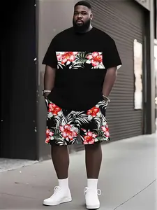 Men's 3D Tropical Print Set, Loose-Fitting Short Sleeve Tee & Shorts, Casual Daily Wear, Vacation, Knee-Length Hem