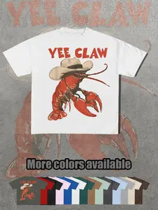 American Vintage Funny Cowboy Lobster Print T-Shirt, Yee Claw Southern Rural Style, Unisex Loose-Fit Short Sleeve Streetwear, Summer Fashion Essential
