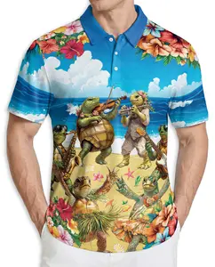 Turtle Play Musical Instrument Polo Shirt for Men, Fun Hawaiian Style, Casual Shirt for Summer