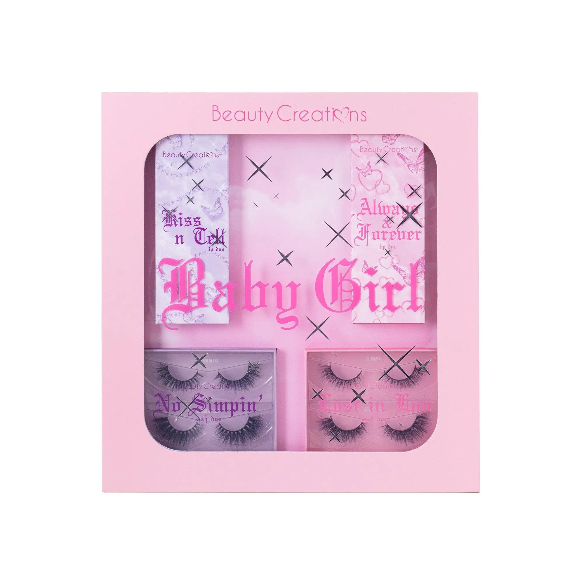 Beauty Creations Baby Girl PR Makeup Set - Purple-Pink Lash Duos, Kiss N Tell Lip Duo, Always & Forever Lip Duo Color, Glossy Lips Beauty Creations Baby Girl PR Makeup Set - Purple-Pink Lash Duos, Kiss N Tell Lip Duo, Always & Forever Lip Duo Color, Glossy Lips