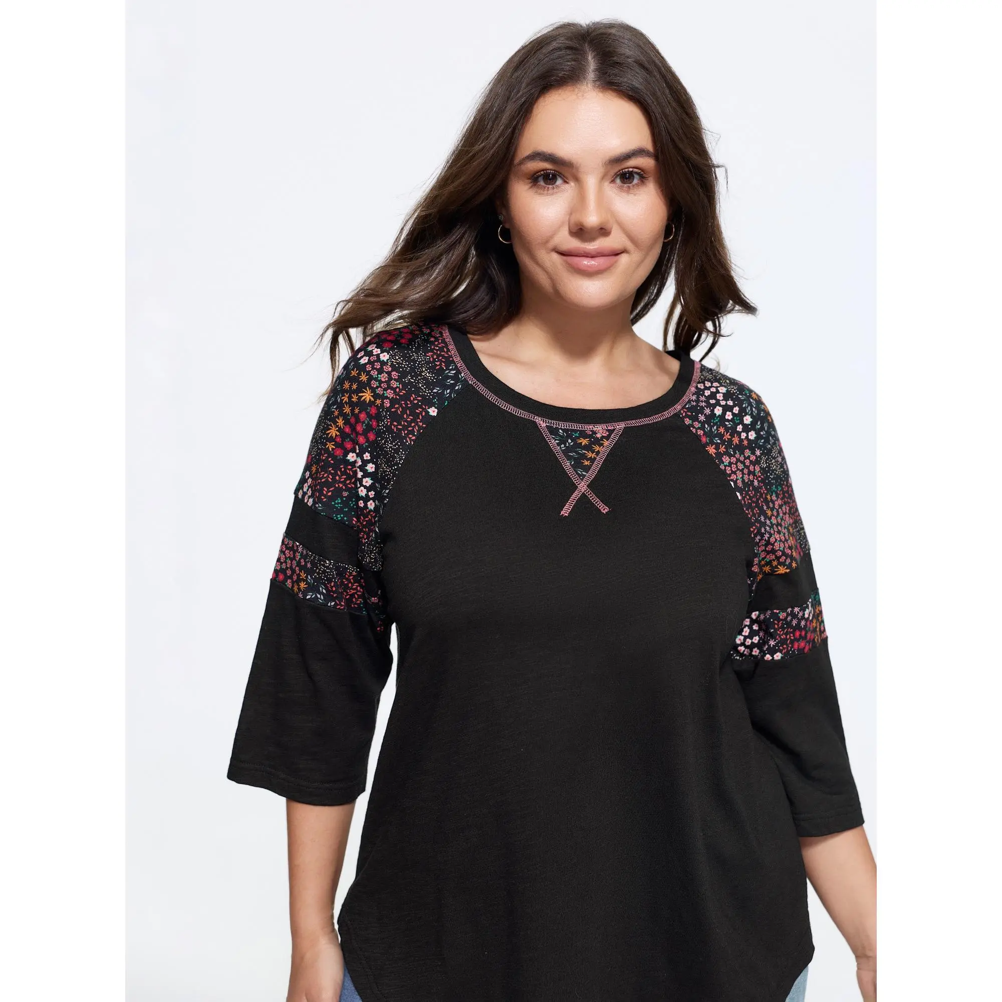 BLOOMCHIC Women's Plus Size Cotton Floral Pattern T-Shirt with 3-Quarter Shoulder Detail, M-6X, Summer Finds, Three-Quarter