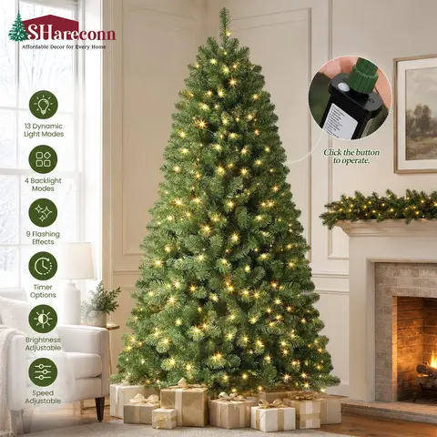 【13 Modes Switching】SHareconn 2026 4/6/7.5 FT Prelit Twinkling Lights No Remote Control Artificial Hinged Christmas Tree with Pre-lit Warm White Lights,  Christmas Deco
