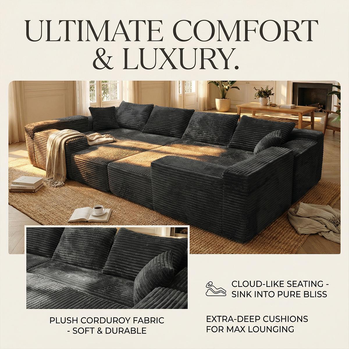 Pre-Assembled U-Shaped Modular Corduroy Sectional Couch - Soft Fabric, Space-Saving Indoor Living Room Furniture, Convertible Sofa Bed with Memory Foam Pillow, Fluffy Black