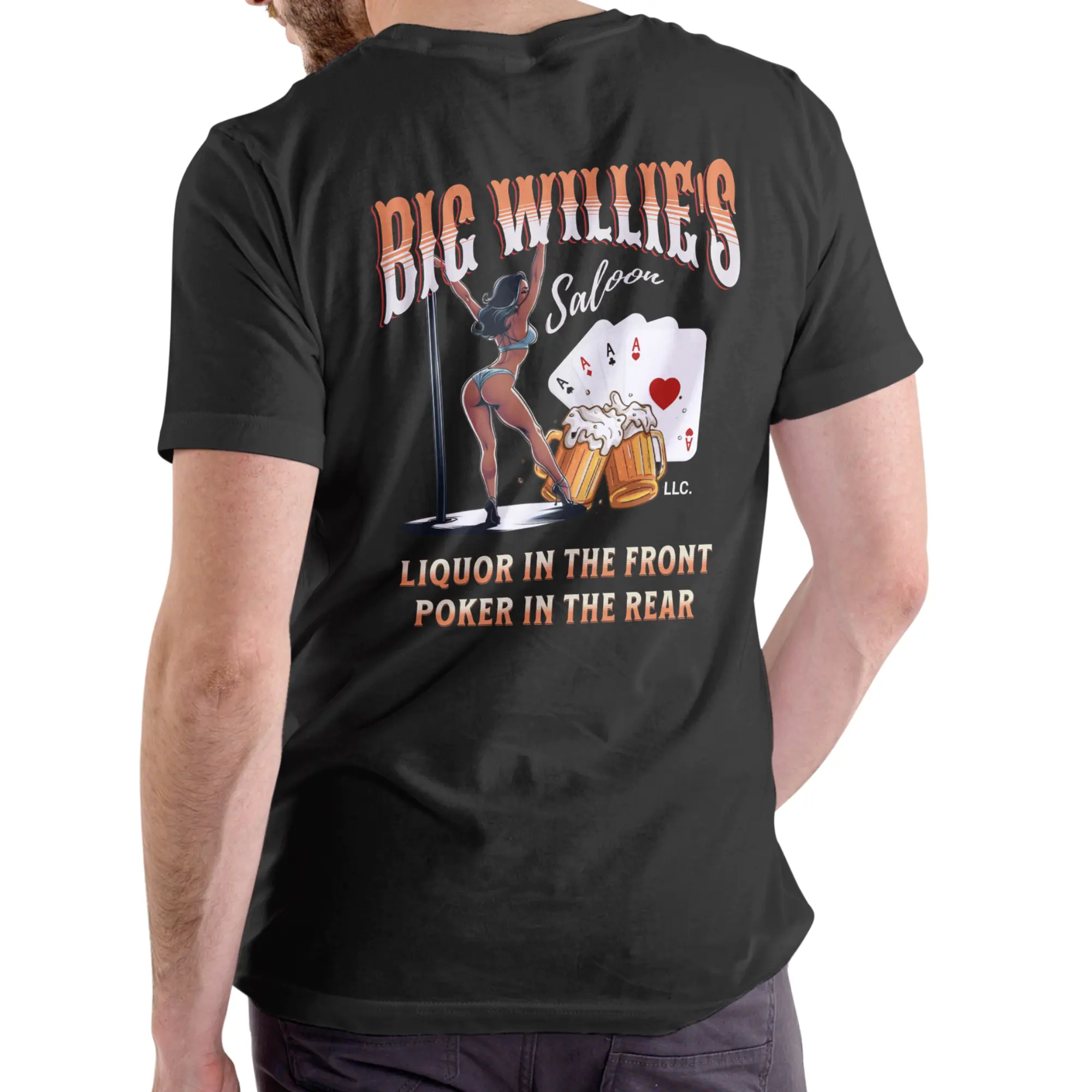 Men's Casual Menswear Short-Sleeve Streetwear Graphic T-Shirt - Stylish Round Neck All-Seasons Top with Big Willie's Saloon Poker & Liquor Design, Fan Favorite, Shortsleeve