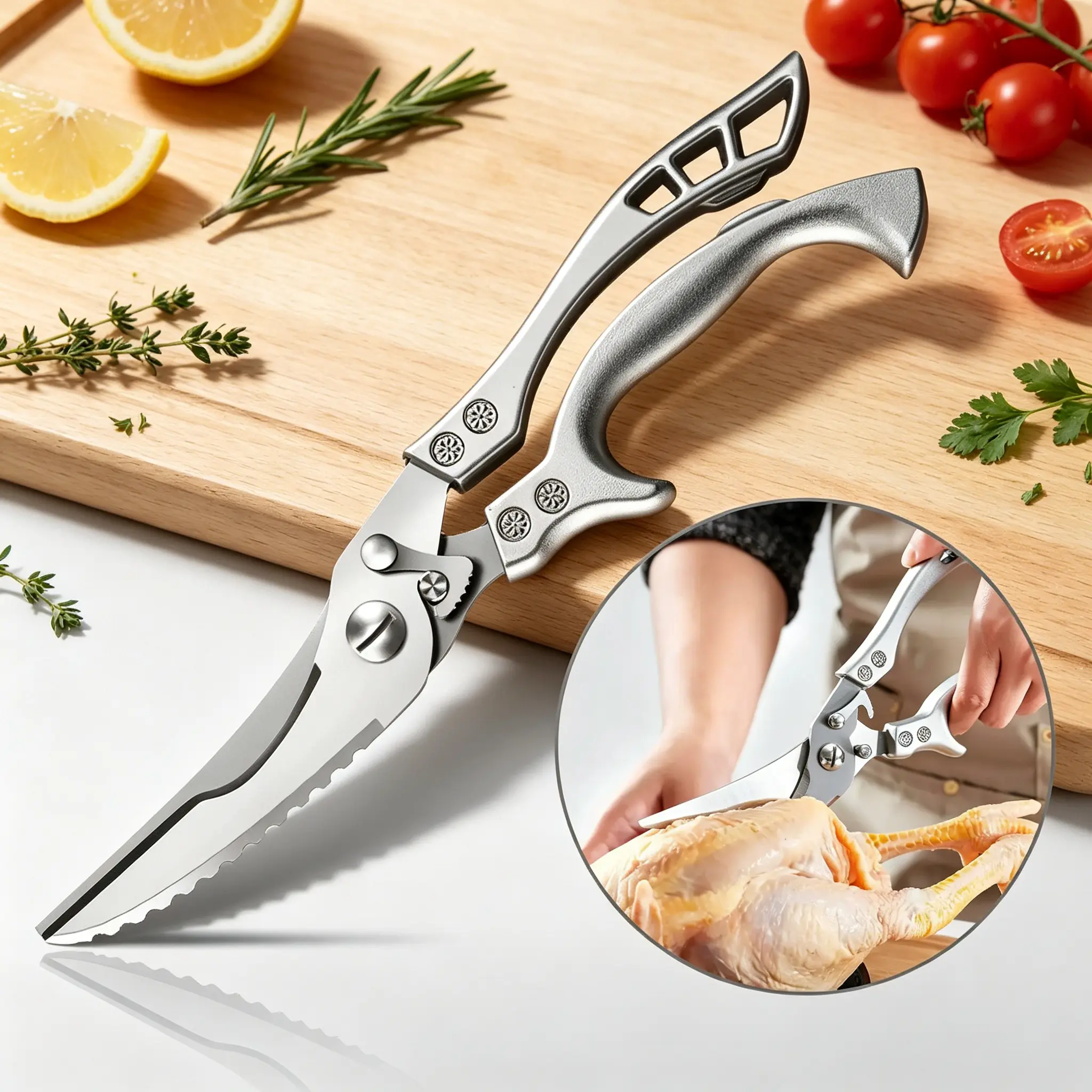Heavy-Duty Ergonomic Stainless Steel Kitchen Scissors with Serrated Blade - Safety Lock, Spring Mechanism, Non-Slip Handle, Rustproof, Sharp, Durable, Dishwasher-Safe Food Shears for Meat Cutting, Vegetables, Fish Scale Cleaning, Restaurants