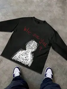Men's Loose Fit Graphic Print Long T-Shirt, Menswear, Y2K Single-Sided Pattern, Casual Daily Wear, Unisex Street Style, Streetwear, All Seasons