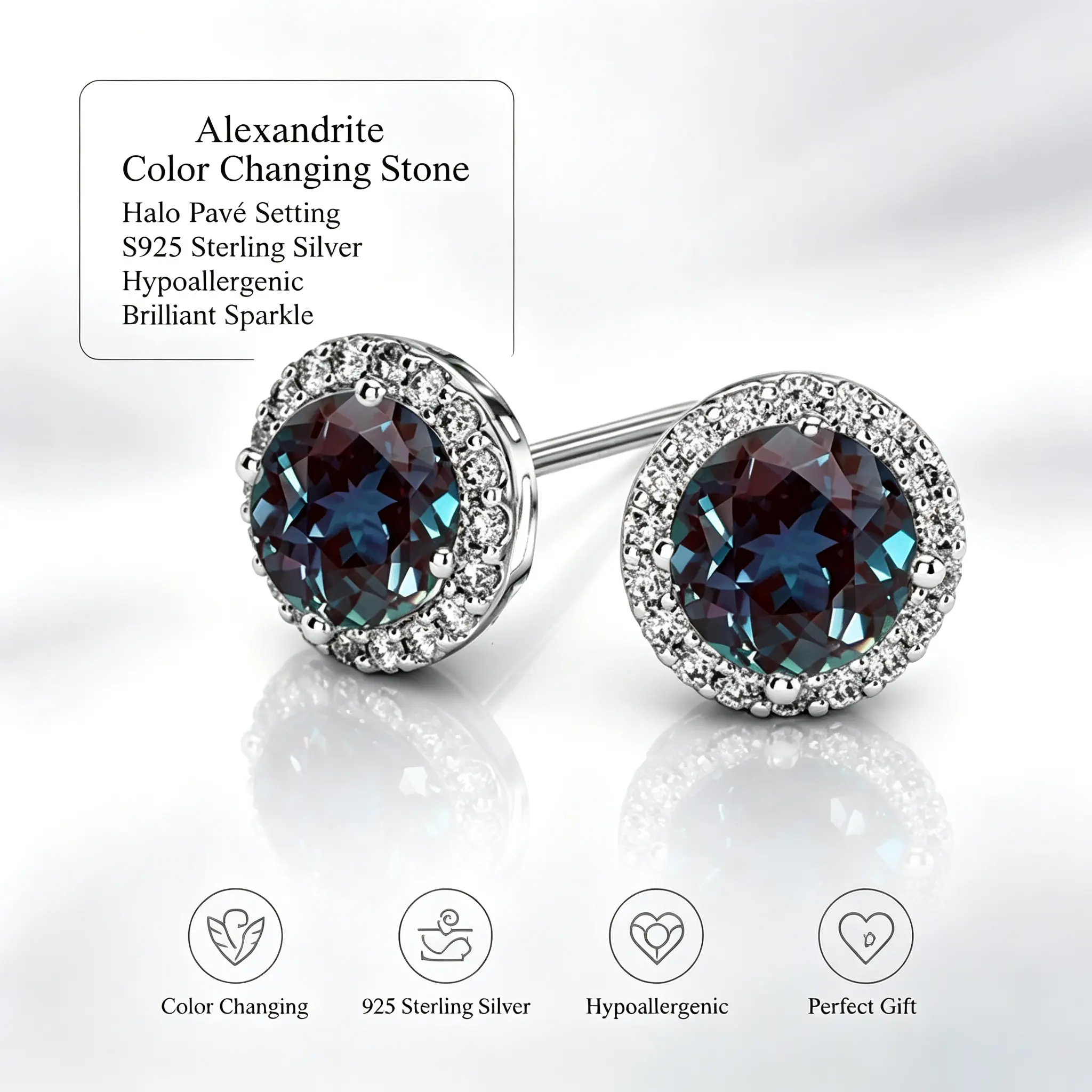 Color Changing Alexandrite Effect Moissanite Halo Stud Earrings S925 Sterling Silver Dazzling Galaxy Design Hypoallergenic Fine Jewelry earrings for men